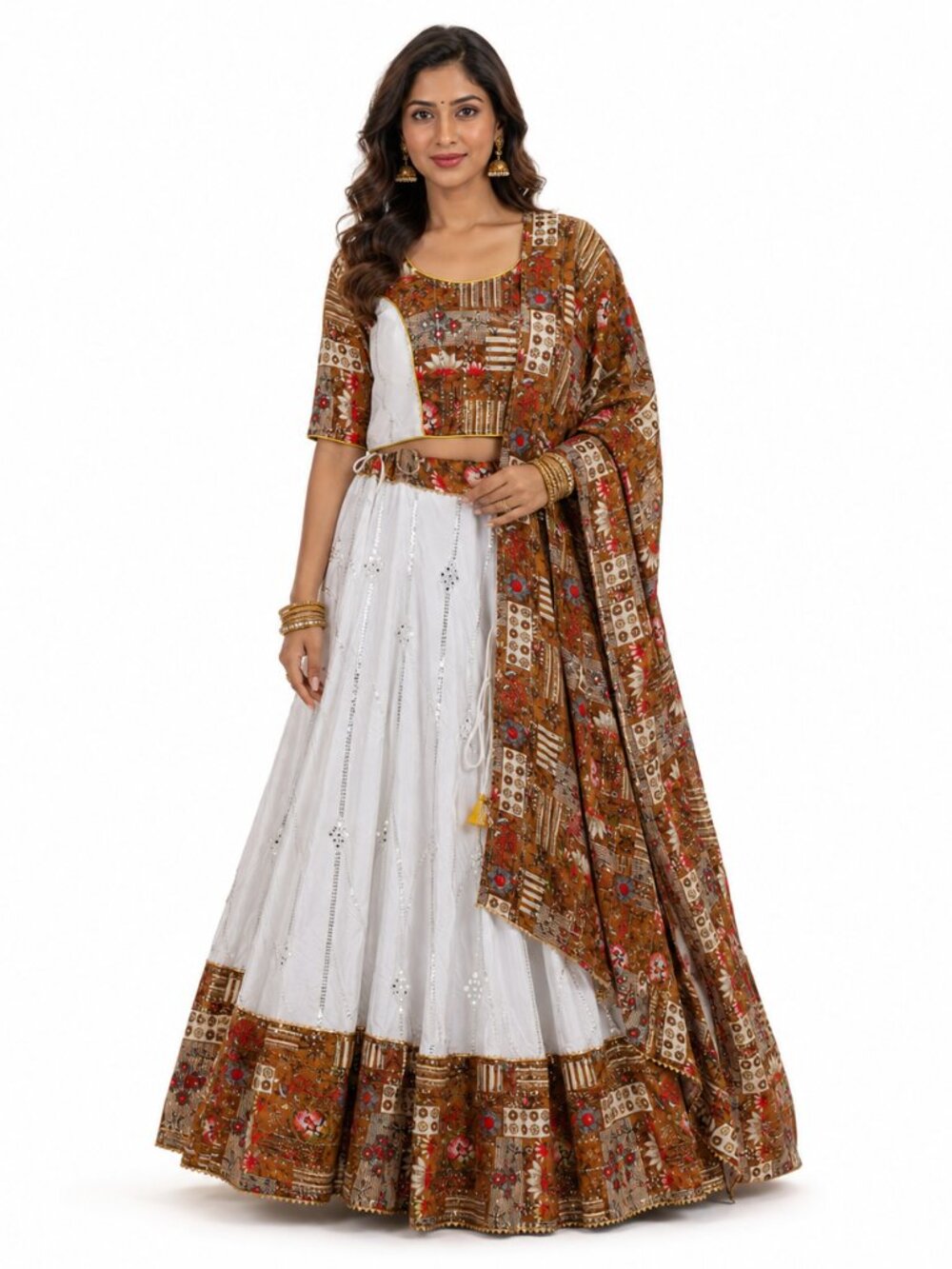 Women’s Navratri Lehenga Choli White Brown Garba Dandiya Chaniya Choli